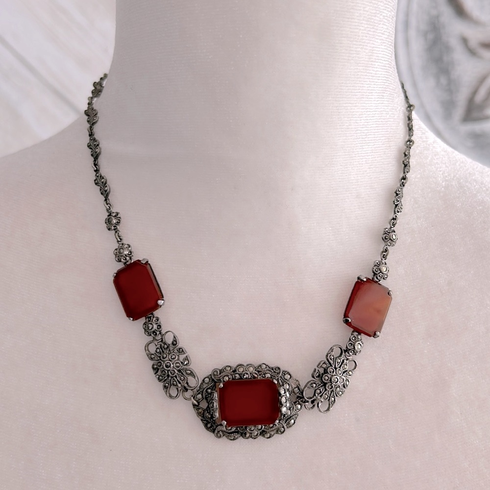 Vintage sterling art deco marcasite and carnelian stone necklace…Breathtaking!